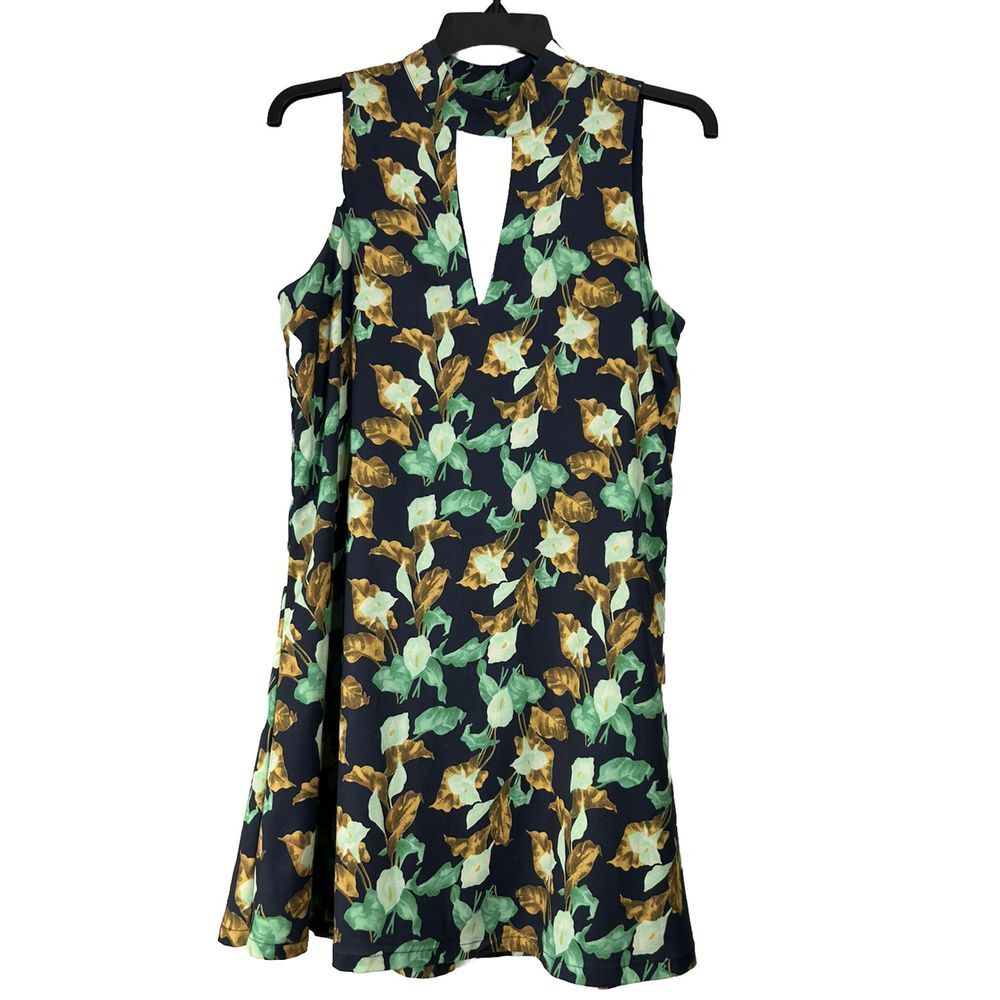 J.O.A Women's Swing Dress with 2 Key Hole cut outs Navy Blue+ Calla Lilies Sz S